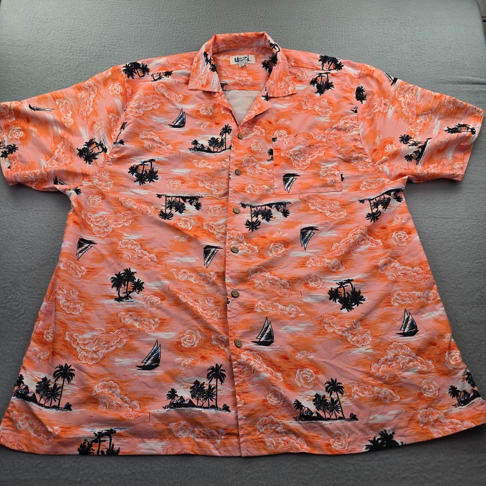 Uzzi Amphibious Gear Hawaiian Shirt Mens XL Orange Palm Tree Sailboat Button Up